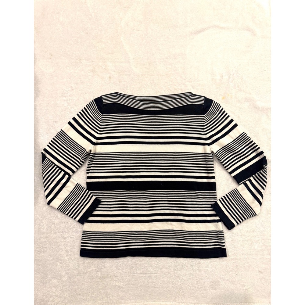 Talbots Petites Navy Blue White Striped Pima Cotton Boat Neck Sweater Medium P